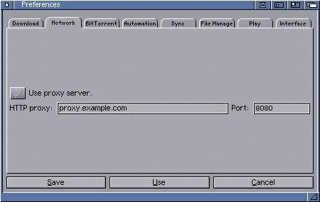 AmiPodder preferences window, network tab