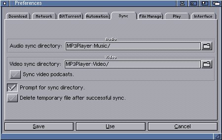 AmiPodder preferences window, sync tab